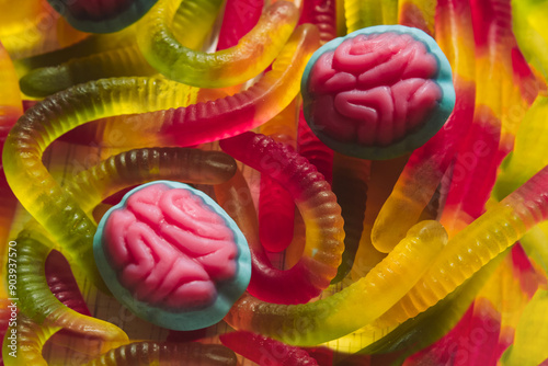 Delicious bright jelly candies worms and brains. Sweets for Halloween. Background with sweets for the holiday photo