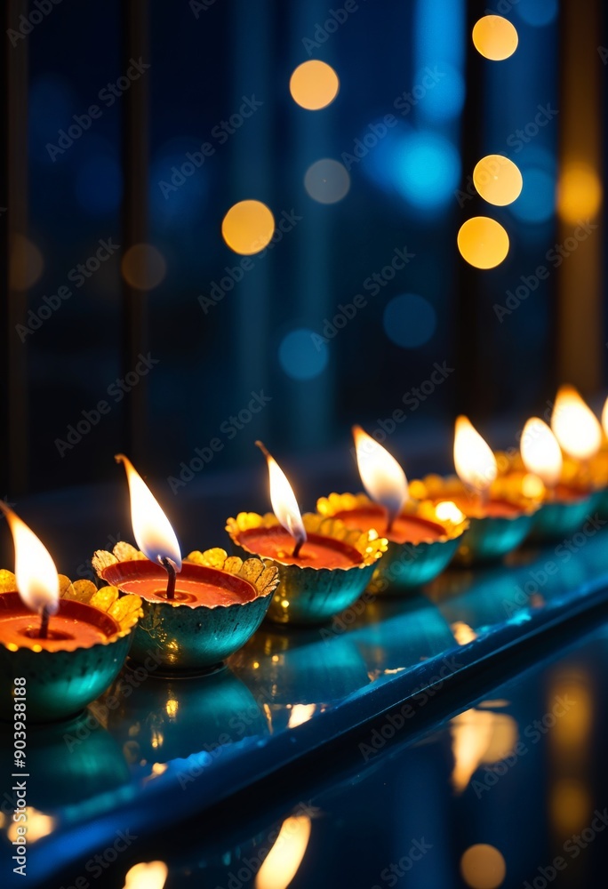 a row of diwali diya candles lit on a table on a blue background with bokeh light effects a row of diwali diya candles lit on a table on a blue background with bokeh light effects