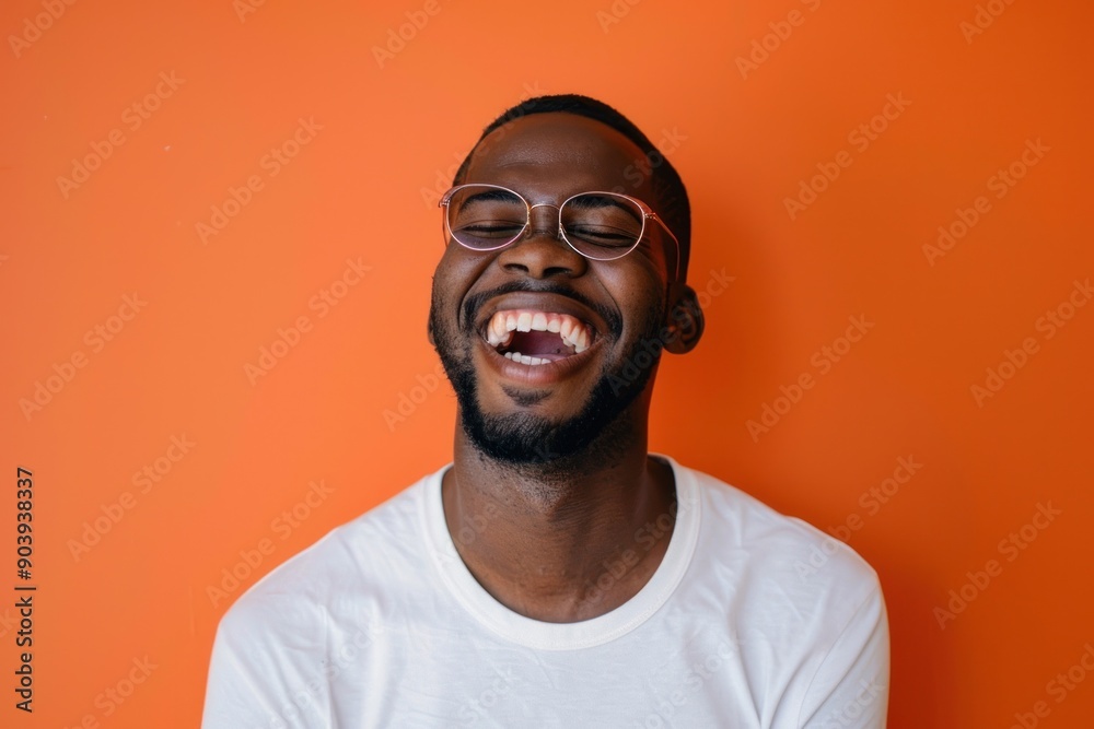 © Igor - Young adult man laughing against solid color background