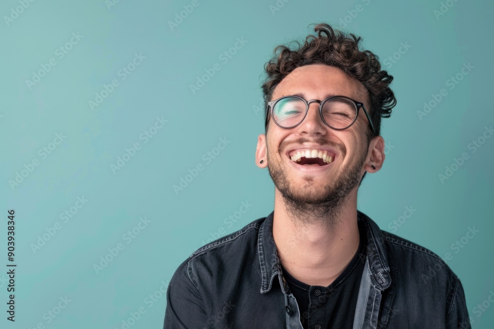 Obraz premium Young adult man laughing against solid color background