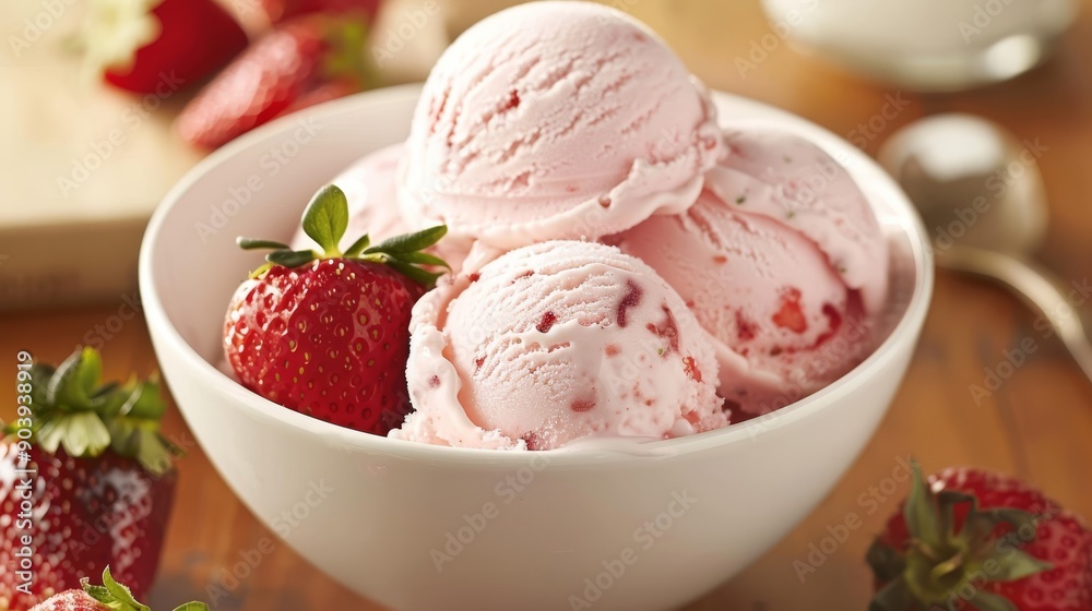 This image showcases a beautiful serving of vegan strawberry ice cream in a white bowl, accompanied by fresh strawberries on a wooden table, creating a delightful dessert presentation This image showcases a beautiful serving of vegan strawberry ice cream in a white bowl, accompanied by fresh strawberries on a wooden table, creating a delightful dessert presentation