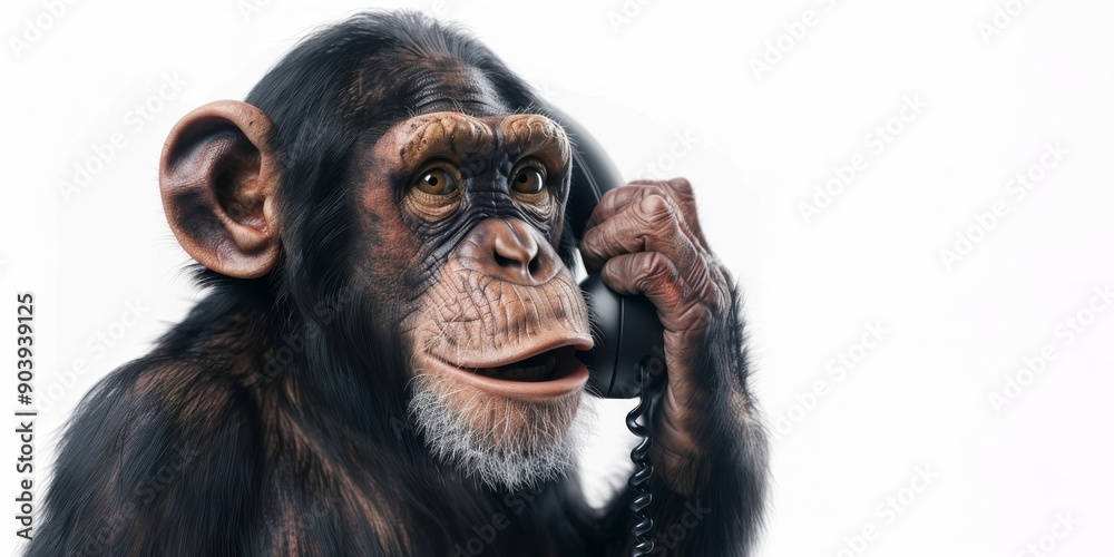 Funny animal banner - Happy laughing monkey, chimpanzee, with telephone receiver on ear, talking on the phone, isolated on white background Funny animal banner - Happy laughing monkey, chimpanzee, with telephone receiver on ear, talking on the phone, isolated on white background