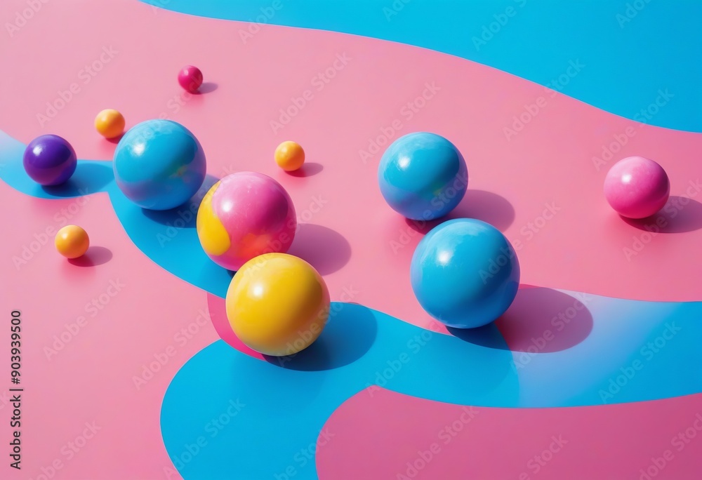 Colorful candy-like spheres scattered on a pink Colorful candy-like spheres scattered on a pink