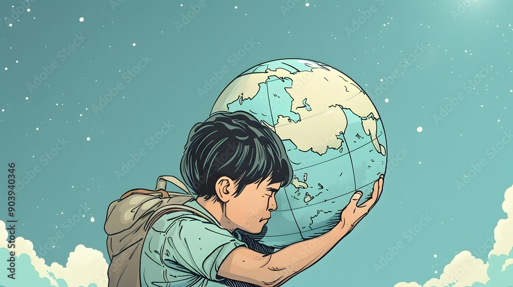 People strain under the weight of the globe, symbolizing the heavy burdens and worries of life. People strain under the weight of the globe, symbolizing the heavy burdens and worries of life.