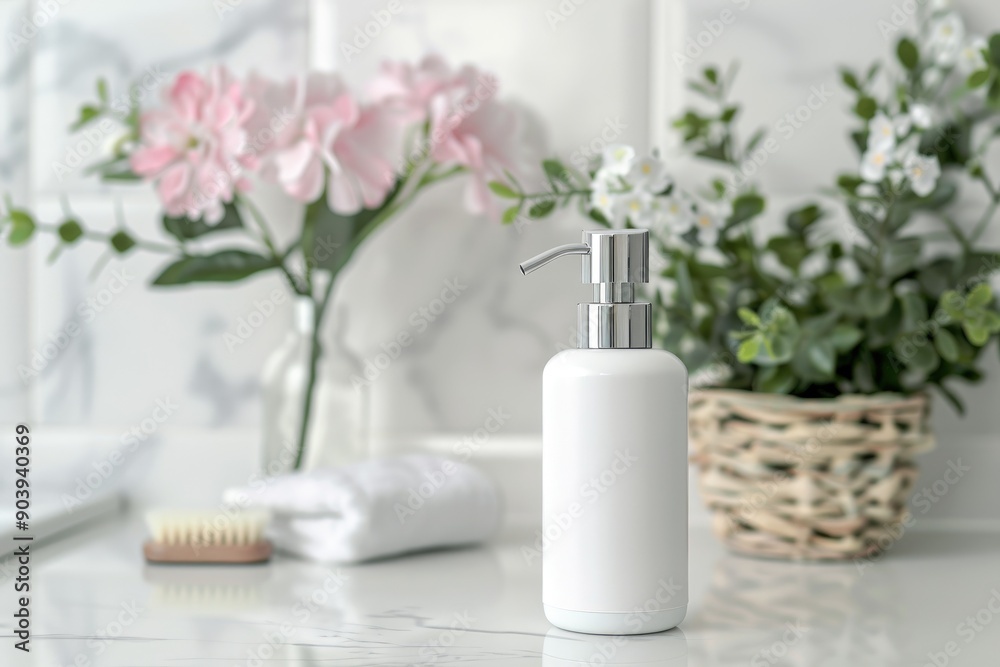 White dispenser bottle and folded towel are standing on bathroom countertop White dispenser bottle and folded towel are standing on bathroom countertop