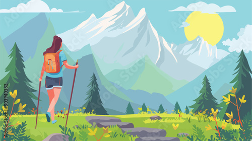 Tourist Girl Hiking in Mountain with Sticks and Backpack