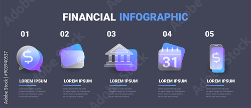 Financial infographic in glass morphism style. Five steps with banking icon. Vector illustration
