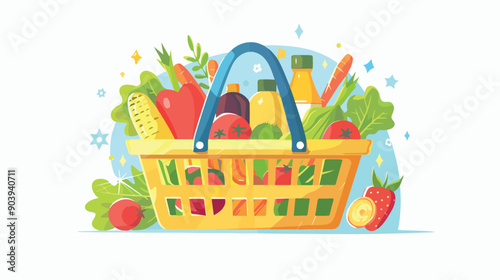 Grocery Shopping Basket in Cartoon Supermarket Setting