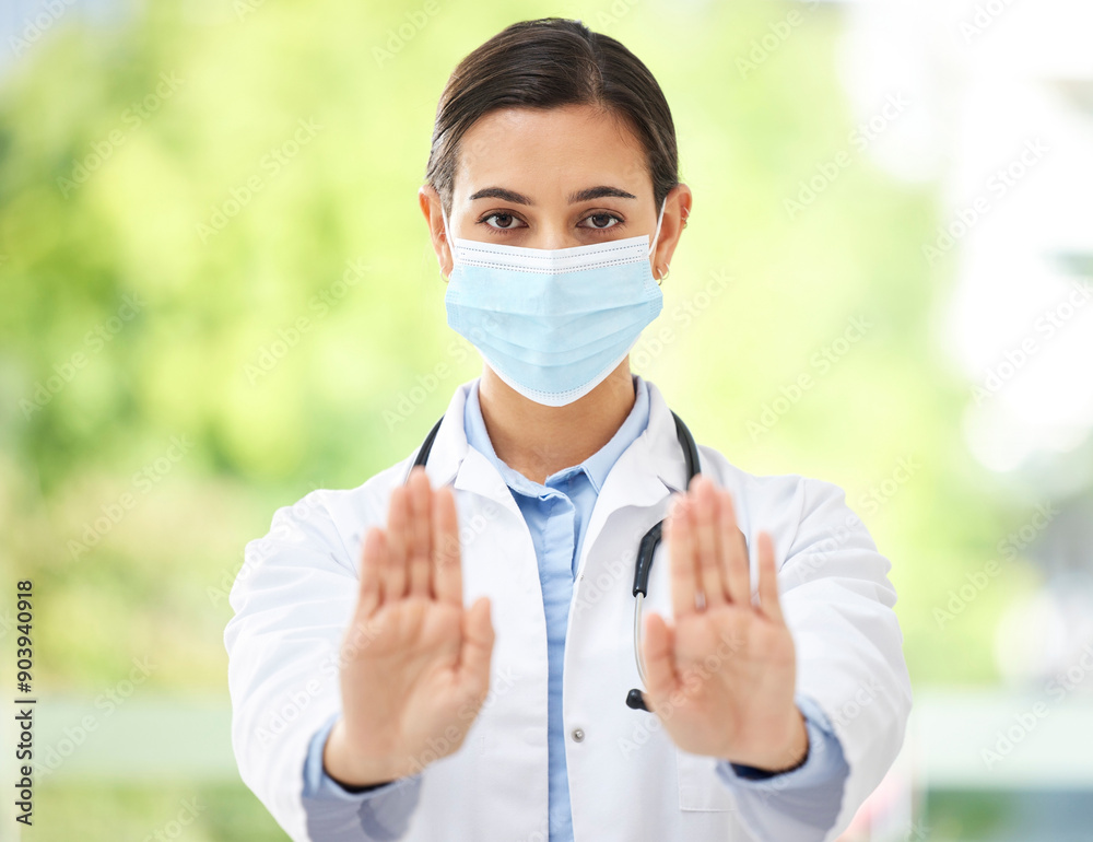Doctor, face mask and portrait of woman with stop for healthcare opinion, danger and warning of covid. Serious, protocol and professional person with hand gesture for medical, risk or caution of LB.1 Doctor, face mask and portrait of woman with stop for healthcare opinion, danger and warning of covid. Serious, protocol and professional person with hand gesture for medical, risk or caution of LB.1