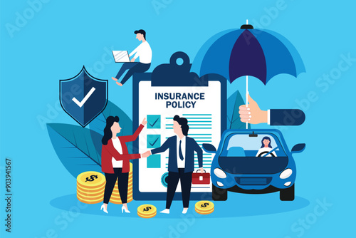 Car insurance concept with people men and woman with cars and umbrella paper document contract on clipboard