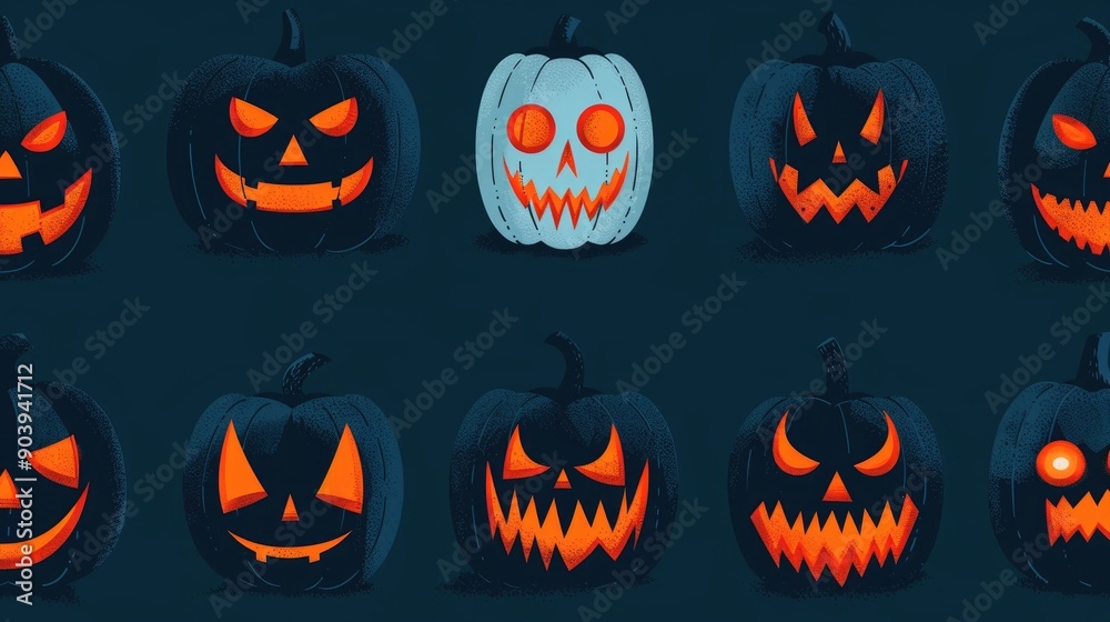Spooky of a set of scary carved pumpkin jack o lantern faces with glowing eyes and eerie expressions perfect for Halloween party concepts and horror themed designs Spooky of a set of scary carved pumpkin jack o lantern faces with glowing eyes and eerie expressions perfect for Halloween party concepts and horror themed designs