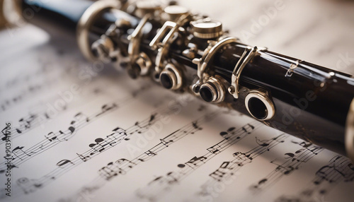 Clarinet placed on a sheet of music with soft, ambient lighting highlighting the instrument's details 