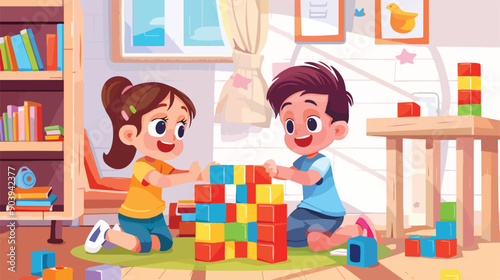 Two Little Kids Playing Jenga in a Cute Playroom