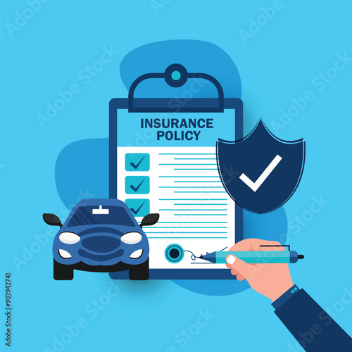 Car insurance concept. Insurance policy on clipboard and car. Document report with shield and automobile