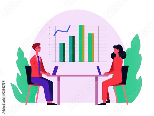 of digital marketing strategy meeting with SEO experts discussing data analysis marketing plan and growth strategies in a modern flat design office setting