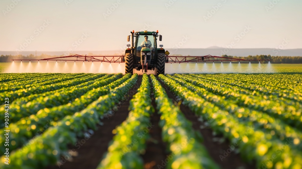 Modern Agriculture, Farmer Driving Tractor Spraying Crops in Vast Field at Sunset Modern Agriculture, Farmer Driving Tractor Spraying Crops in Vast Field at Sunset