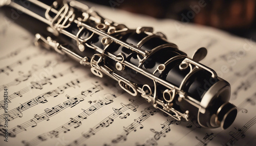 Clarinet placed on a sheet of music with soft, ambient lighting highlighting the instrument's details 