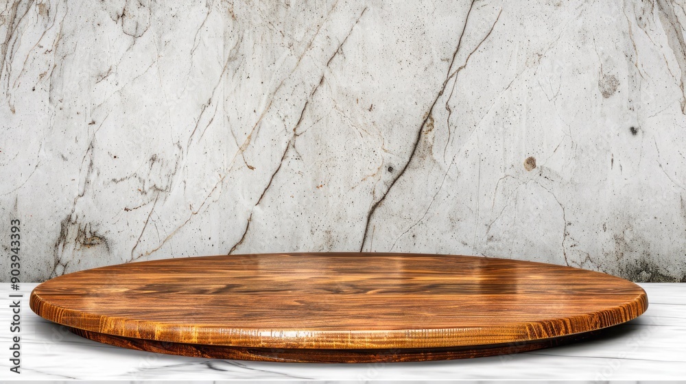 Beautiful Round Wooden Display Stand Against Elegant Marble Wall Beautiful Round Wooden Display Stand Against Elegant Marble Wall