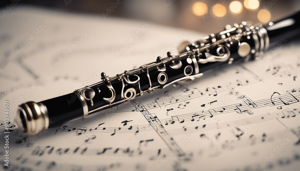 Clarinet placed on a sheet of music with soft, ambient lighting highlighting the instrument's details
Clarinet placed on a sheet of music with soft, ambient lighting highlighting the instrument's details
