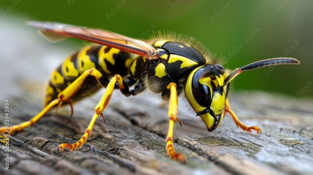 Closeup Macro Photography of a Yellow and Black Striped Wasp in Natural Habitat Ideal for Educational Posters, Nature Prints, and Wildlife Enthusiasts Closeup Macro Photography of a Yellow and Black Striped Wasp in Natural Habitat Ideal for Educational Posters, Nature Prints, and Wildlife Enthusiasts