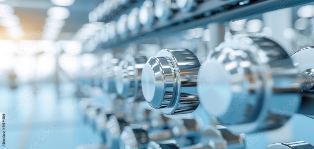 Close-up of modern chrome dumbbells in a bright and spacious gym, perfect for fitness and strength training enthusiasts.
