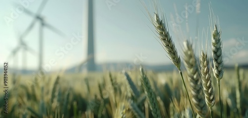 Close-up of wheat field with wind turbines in the background, symbolizing sustainable agriculture and renewable energy. photo