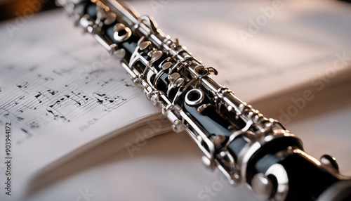 Clarinet placed on a sheet of music with soft, ambient lighting highlighting the instrument's details 