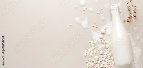 Elegant champagne bottle with bubbles and sparkling pearls on a light background, creating a festive and celebratory atmosphere.