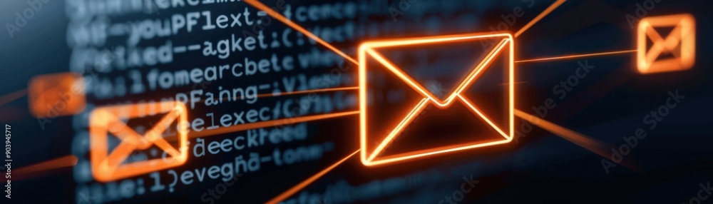 Fototapeta premium Illustration of digital communication with glowing email icons and binary code representing online interactions.