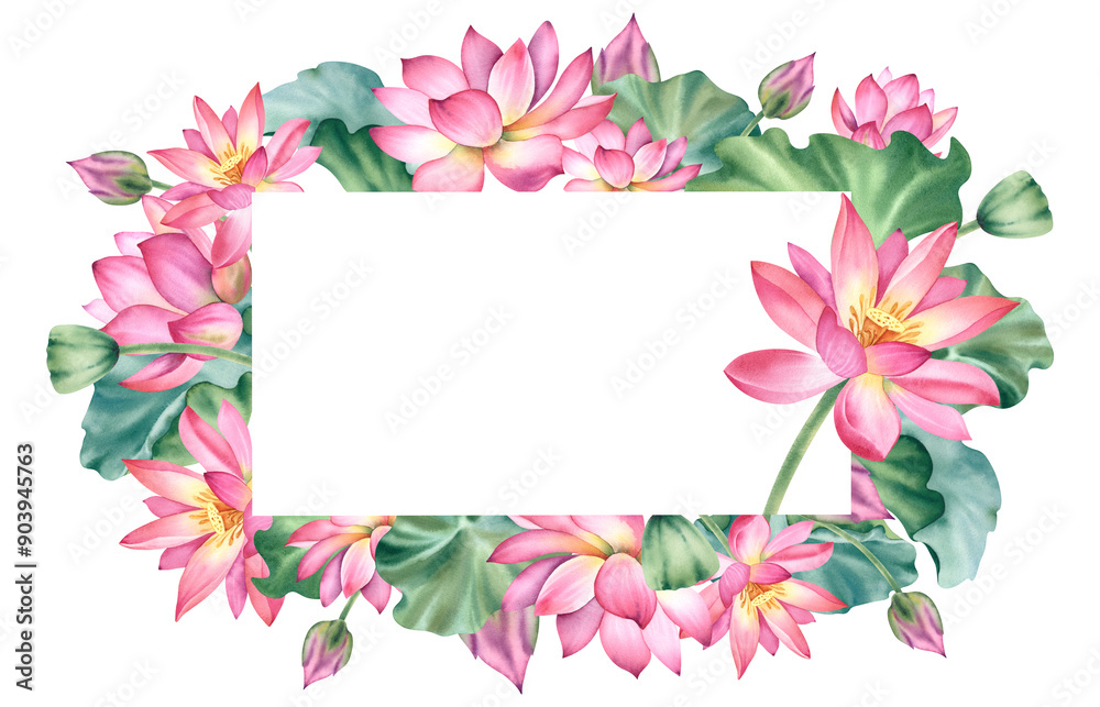 Watercolor pink lotuses on a white background. Water lilies are hand painted. A composition with a lotus. A template for the design of postcards, invitations, and fabrics. Watercolor pink lotuses on a white background. Water lilies are hand painted. A composition with a lotus. A template for the design of postcards, invitations, and fabrics.