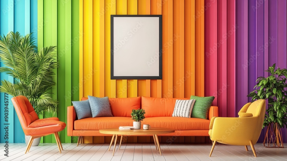 A bright and colorful living room with framed posters. This concept depicts colorful decor, modern interiors, and stylish living spaces. A bright and colorful living room with framed posters. This concept depicts colorful decor, modern interiors, and stylish living spaces.