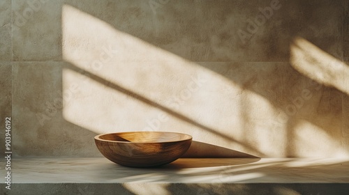 Stone interior with wooden bowl and natural light. Modern design with simplicity, tranquility, and sophistication.