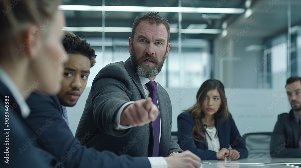 Cinematic Still of Handsome Muscular Man in Dark Grey Suit Pointing During Angry Speech in Office Meeting Room Cinematic Still of Handsome Muscular Man in Dark Grey Suit Pointing During Angry Speech in Office Meeting Room