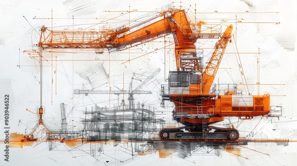 A construction machines, hand-drawn with blueprints and orange lines on ...