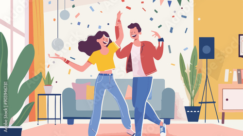 Young Couple Enjoying Party at Home Dancing