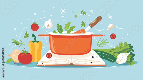 Soup Pot with Fresh Ingredients for Recipe Books Concept