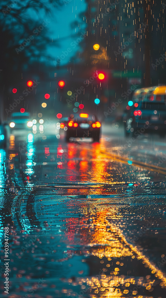 Rainy Night in City with Reflective Streets and Busy Traffic