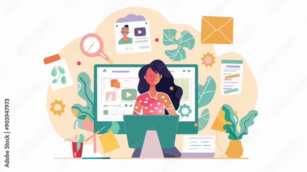 Remote Team Communication: Business Girl Collaborating with Partners Remote Team Communication: Business Girl Collaborating with Partners
