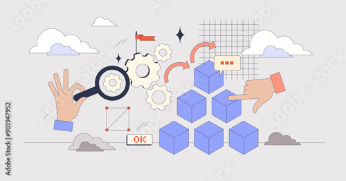 System analysis and design for efficiency tiny person neubrutalism concept. IT modules programming and coding development with code optimization and effective administration vector illustration.