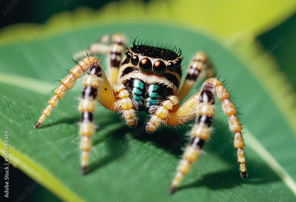A close-up of a black and yellow jumping spider on a green leaf A close-up of a black and yellow jumping spider on a green leaf