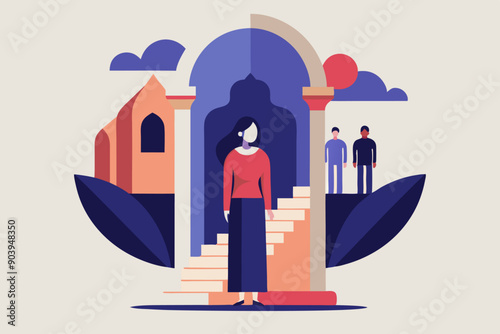 A woman stands on a set of stairs in front of a building. A woman is positioned on a staircase with a building in the background. The scene embodies elements of art, real estate, landmark, facade