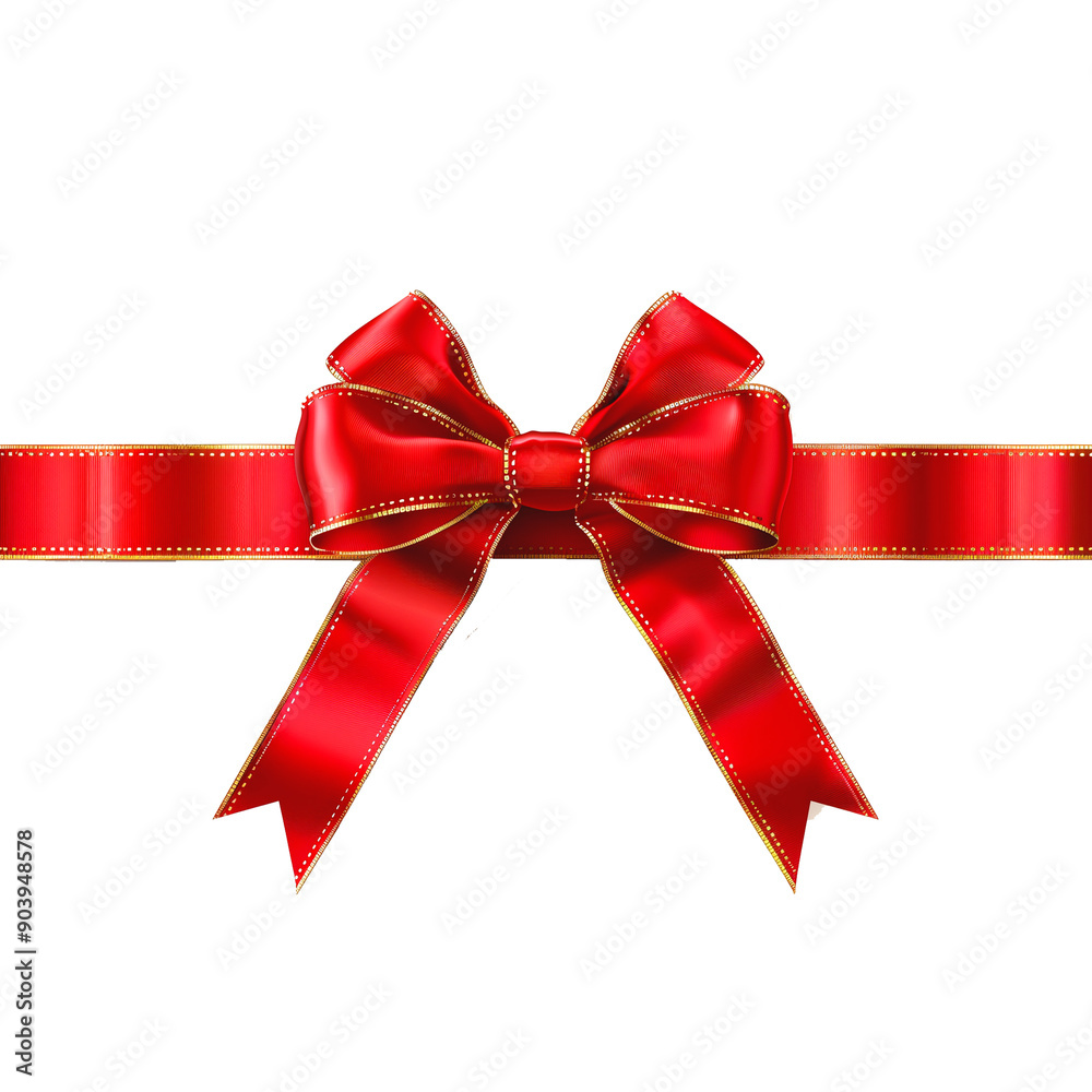 Fototapeta premium red ribbon bow for festive decoration of a certificate or gift card. Silk bow without background.