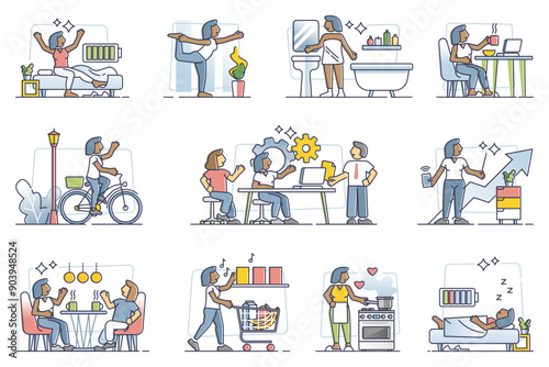 Daily routine and everyday life habits with duties repetition outline set, transparent background. Home and work tasks plan ir morning, day and evening illustration. Female having breakfast, job.
