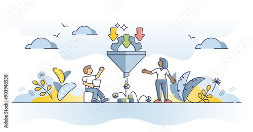 Data filter funnel for information sorting and optimization outline concept, transparent background. Quality info flow results selection and processing illustration.