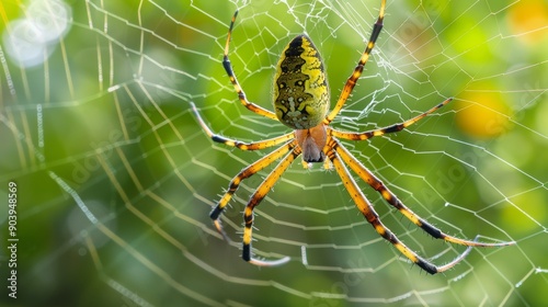 Golden Silk Orb Weaver Spider on Intricate Web in Nature, Perfect for Nature Posters and Educational Materials photo