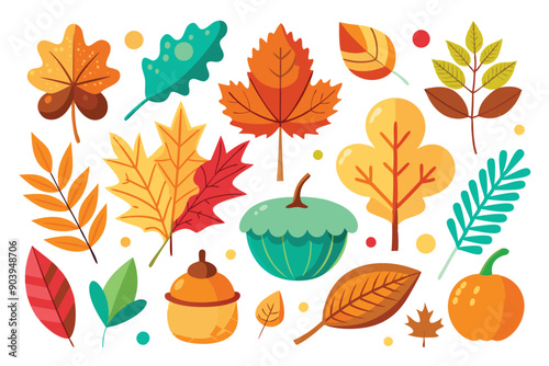 Autumn leaf icon set featuring maple, oak, elm and birch in various colors.