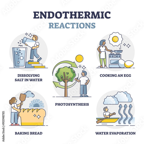 Endothermic reactions list with external energy outline collection set, transparent background. Educational labeled examples with physical phenomena process illustration.
