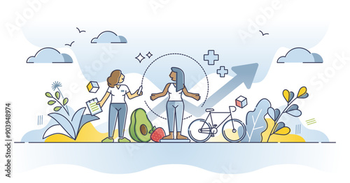 Health coach as sport activities and eating diet specialist outline concept, transparent background. Recommendations and suggestions for good shape and healthy body illustration.