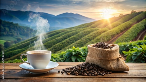 Cup of coffee with smoke and coffee beans in burlap sack on coff. blurred Coffee plantation on the mountain. photo