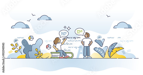 Language translation scene as writing or speaking communication knowledge outline concept, transparent background. Education about meaning of words, sentences, text, grammar and spelling illustration.